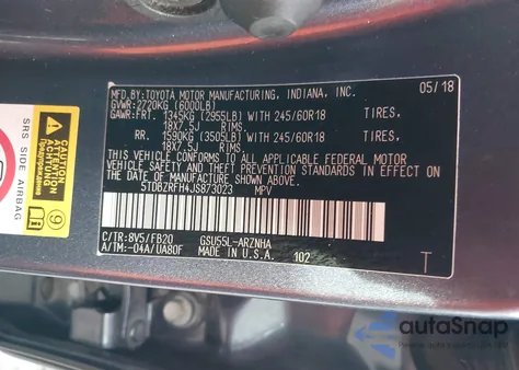 2018 Toyota Highlander Le из США, поврежденный, VIN 5TDBZRFH4JS873023